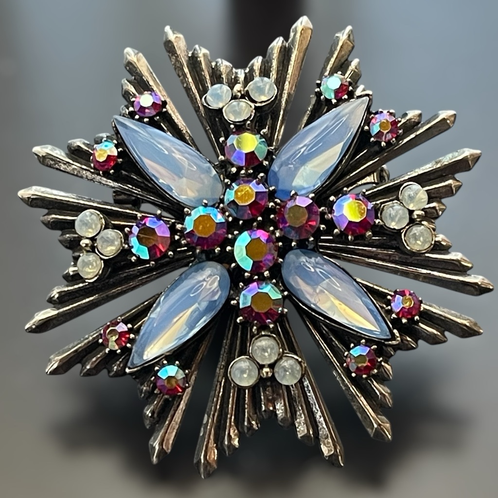 Florenza Silver Starburst Cross With Moonstone Ab Rhinestones BroochPendant 125$